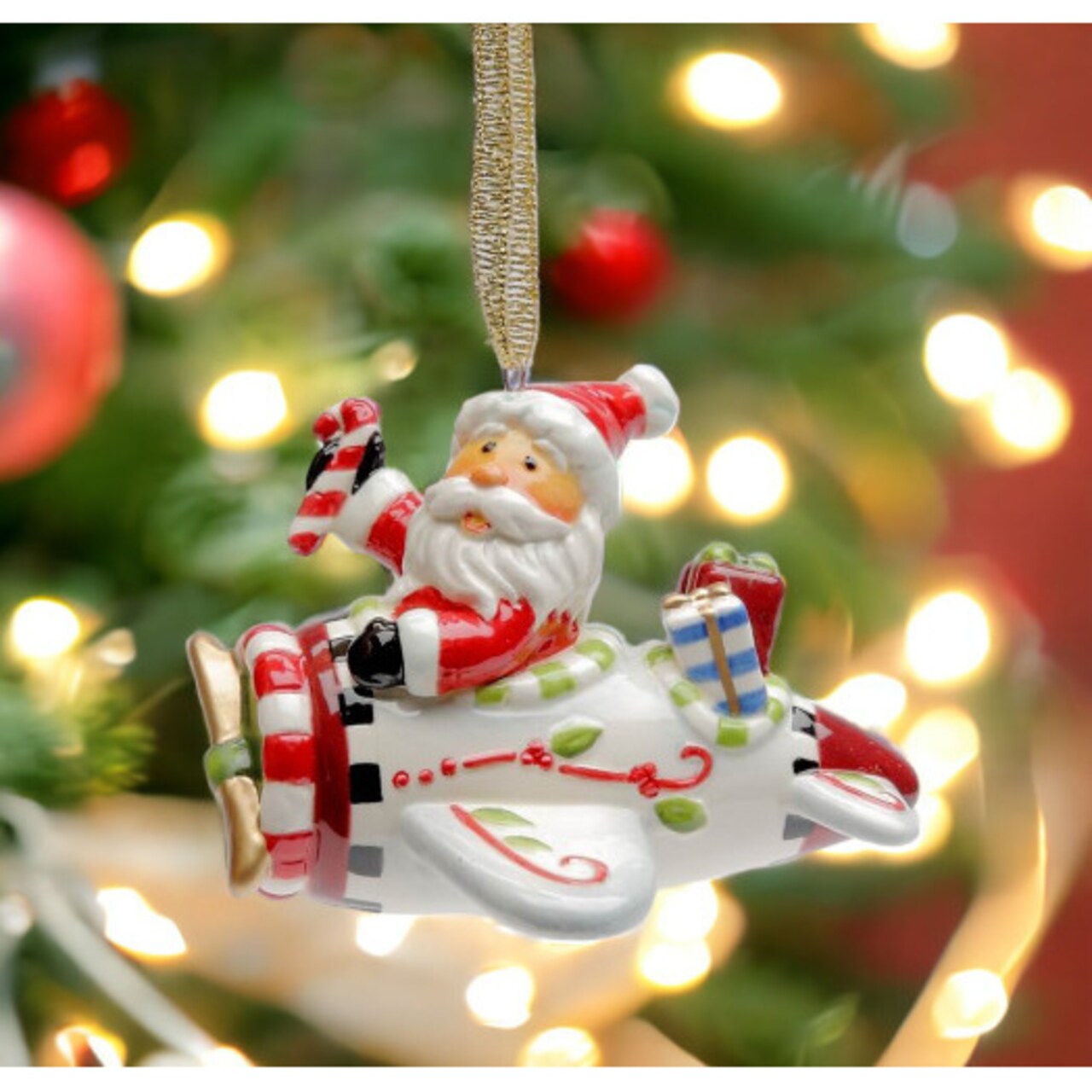 Santas Christmas Adventure: Christmas Decor Santa Flying Airplane Tree Ornament